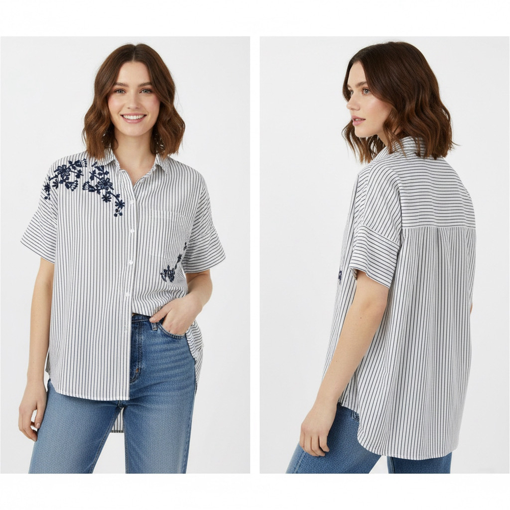 Madewell Striped Cotton Courier Shirt with Floral Embroidery Women’s Size XS